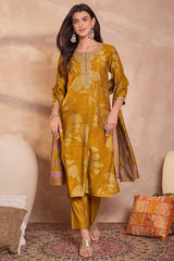 mustard silk blend floral printed straight kurta trouser with dupatta