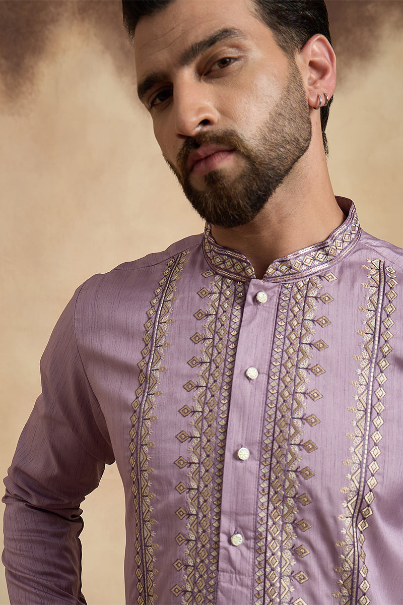 Mens Lavender Silk Blend Solid Embroidered Straight Kurta MKU2527
