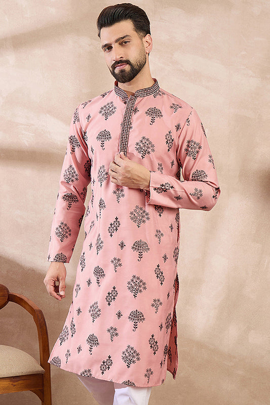 Peach Silk Blend Solid Embroidered Straight Kurta With Trouser MKSET1804