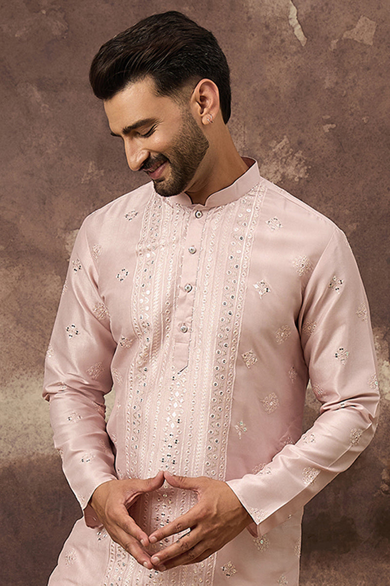 Pink Silk Blend Solid Embroidered Straight Kurta With Pant Set MKSET1362