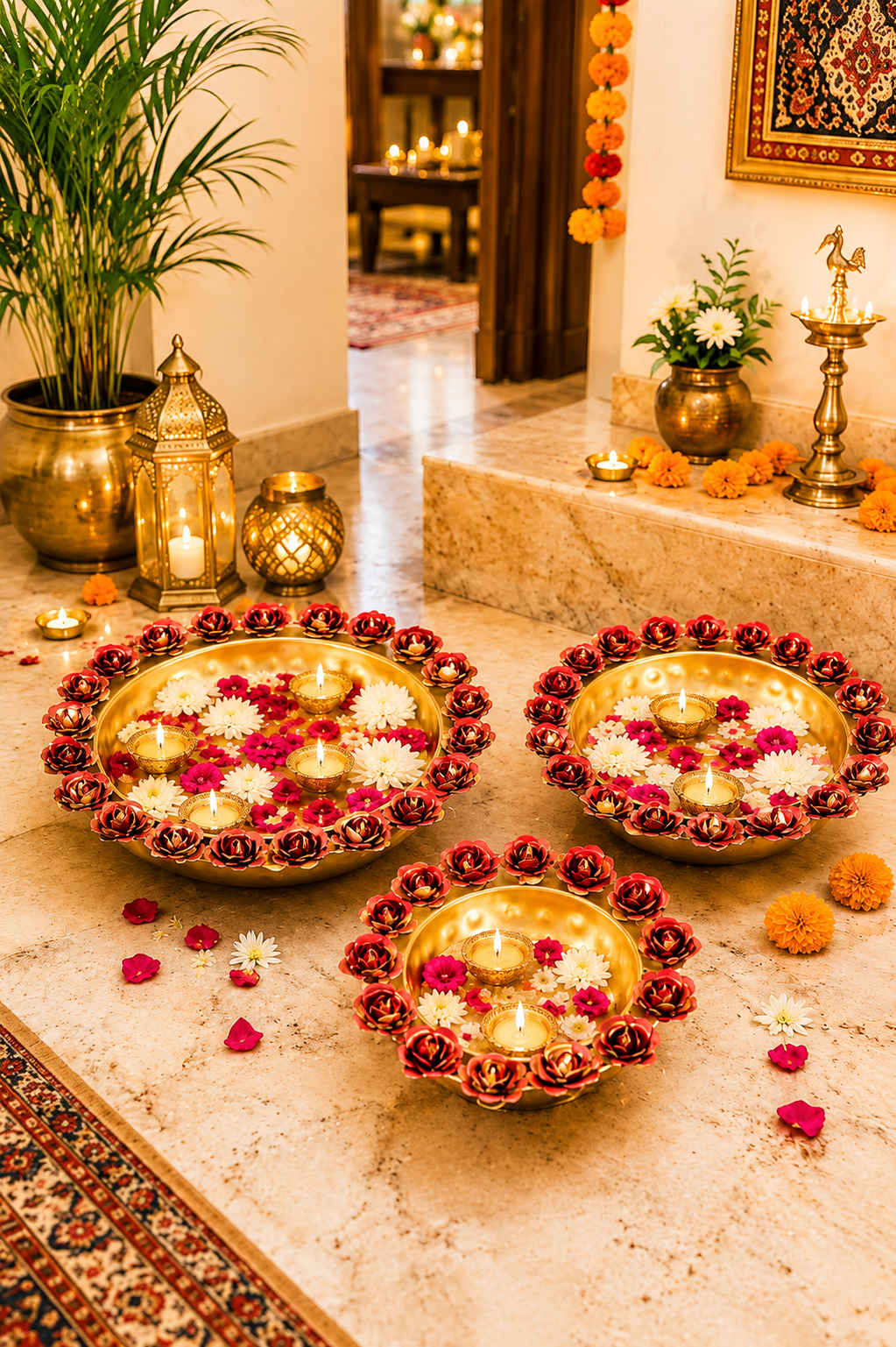 premium decorative urli bowl set of 3 with rose rim design hammered metal floating flower bowls for water candles tea lights diwali pooja wedding festival home decor centerpiece