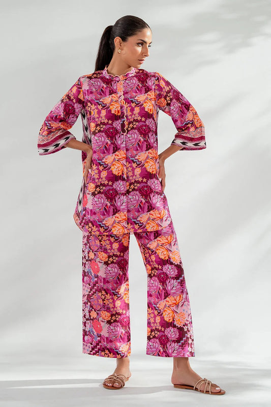 Women's Neck Embroidery Raw Silk Blend Co-Ords