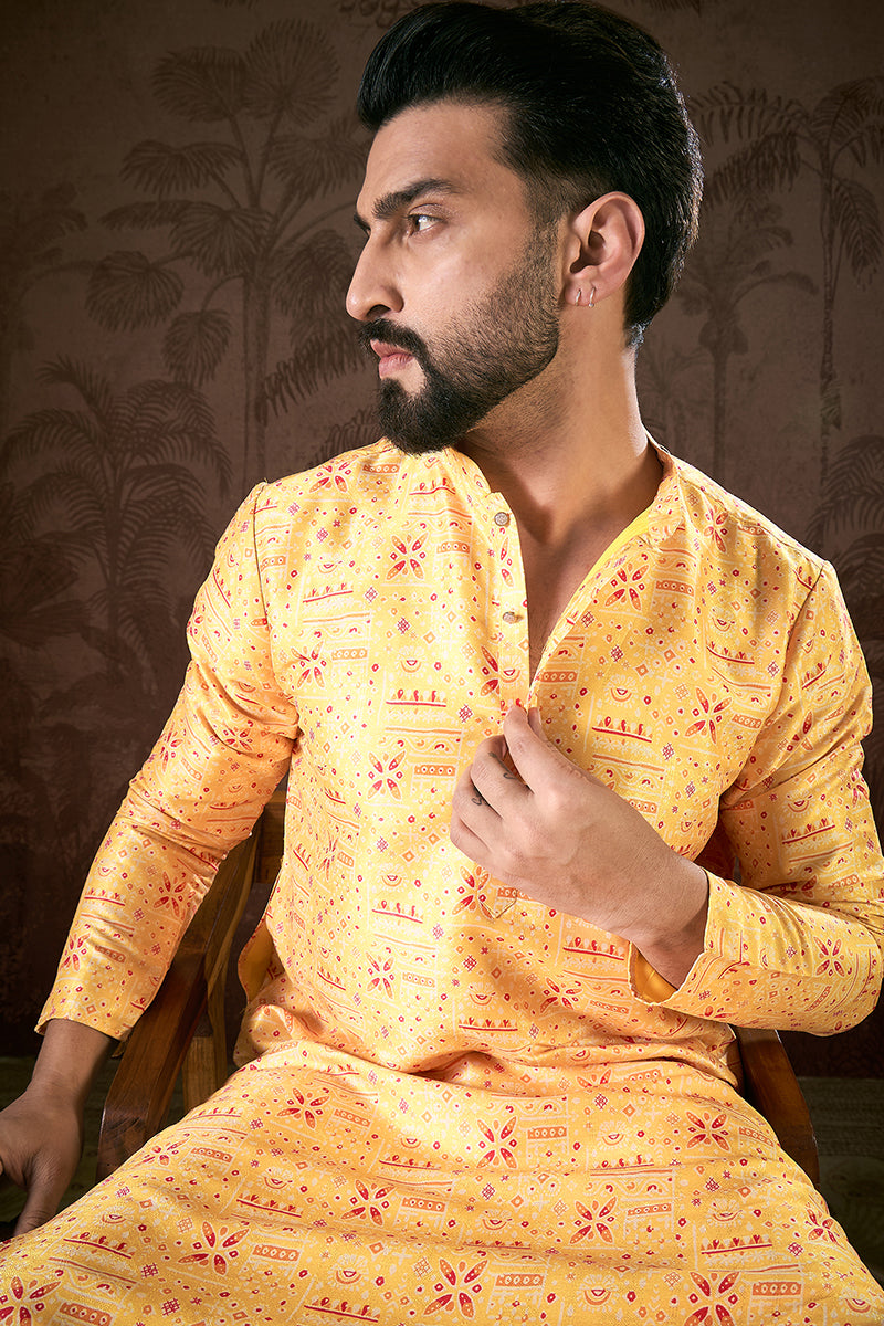 Yellow Silk Blend Ethnic Motifs Printed Straight Kurta With Trouser MKSET1936