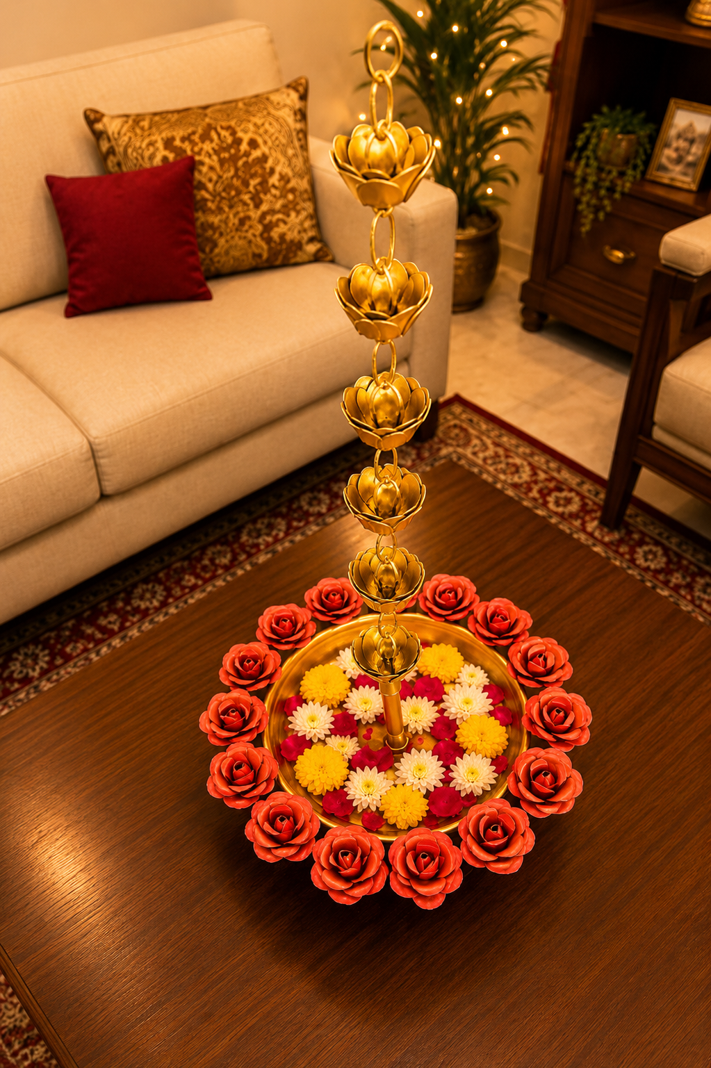 premium hanging lotus urli bowl with rose rim design decorative metal floating flower bowl with lotus chain hanging urli for water candles tea lights diwali pooja wedding home decor