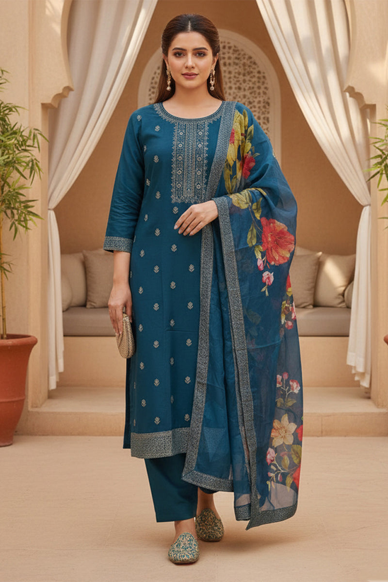 blue silk blend ethnic motifs stoning straight kurta trouser with dupatta