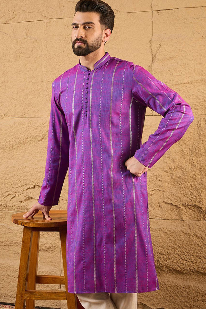 Purple Pure Cotton Solid Embroidered Straight Kurta with Trouser MKSET1194