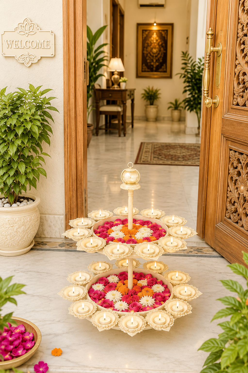 premium dual layer urli bowl with 24 tea light holders decorative metal floating flower stand antique gold ivory finish for diwali pooja weddings festivals home decor