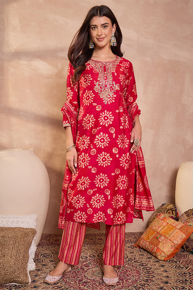 pink rayon blend floral printed straight kurta trouser with dupatta 