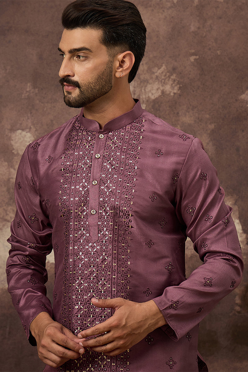 Mavue Silk Blend Solid Embroidered Straight Kurta with Trouser MKSET1368