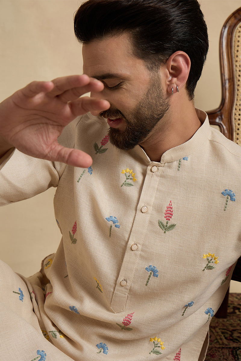 Mens Beige Linen Solid Embroidered Thread Work Kurta With Trouser MKSET2462