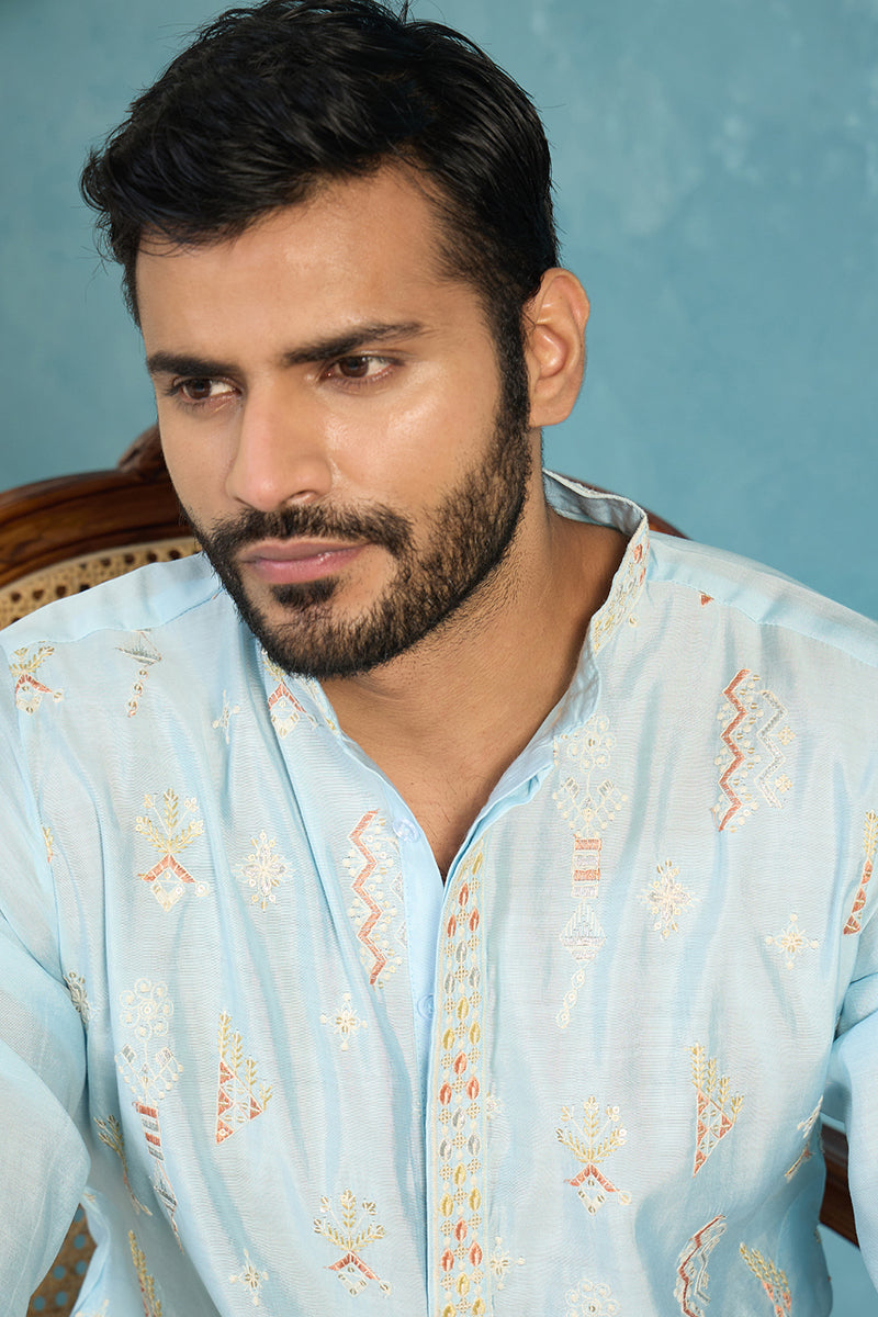 Silk Blend Blue Solid Embroidered Calf Length Straight Kurta With Trousers MKSET2141