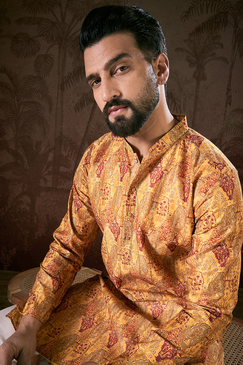 Mustard Silk Blend Ethnic Motifs Printed Straight Kurta MKU1925