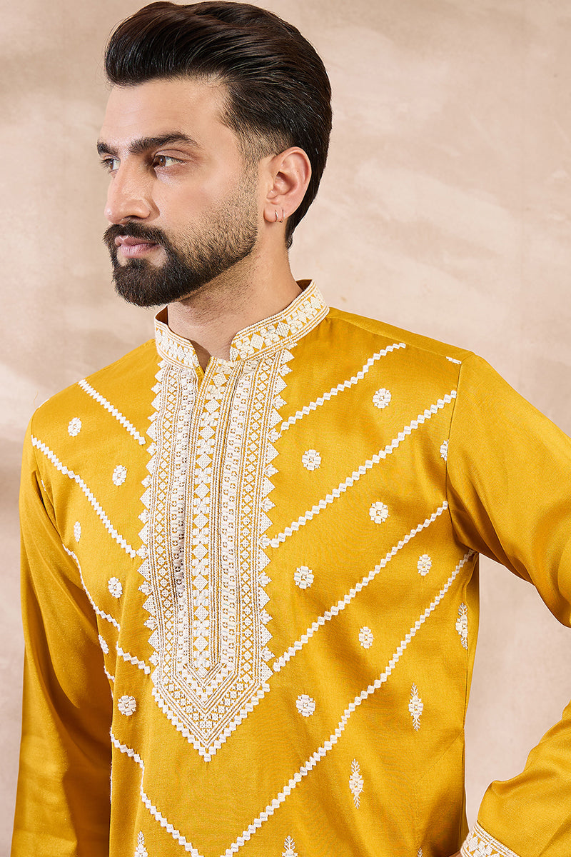 Yellow Silk Blend Ethnic Motifs Embroidered Straight Kurta With Trouser MKSET1790