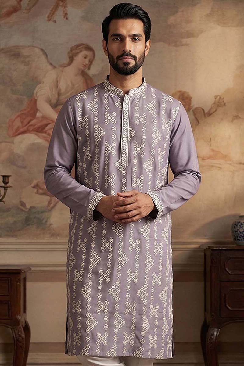 Silk Blend Lavender Solid Embroidered Calf Length Straight Kurta With Trousers MKSET2090