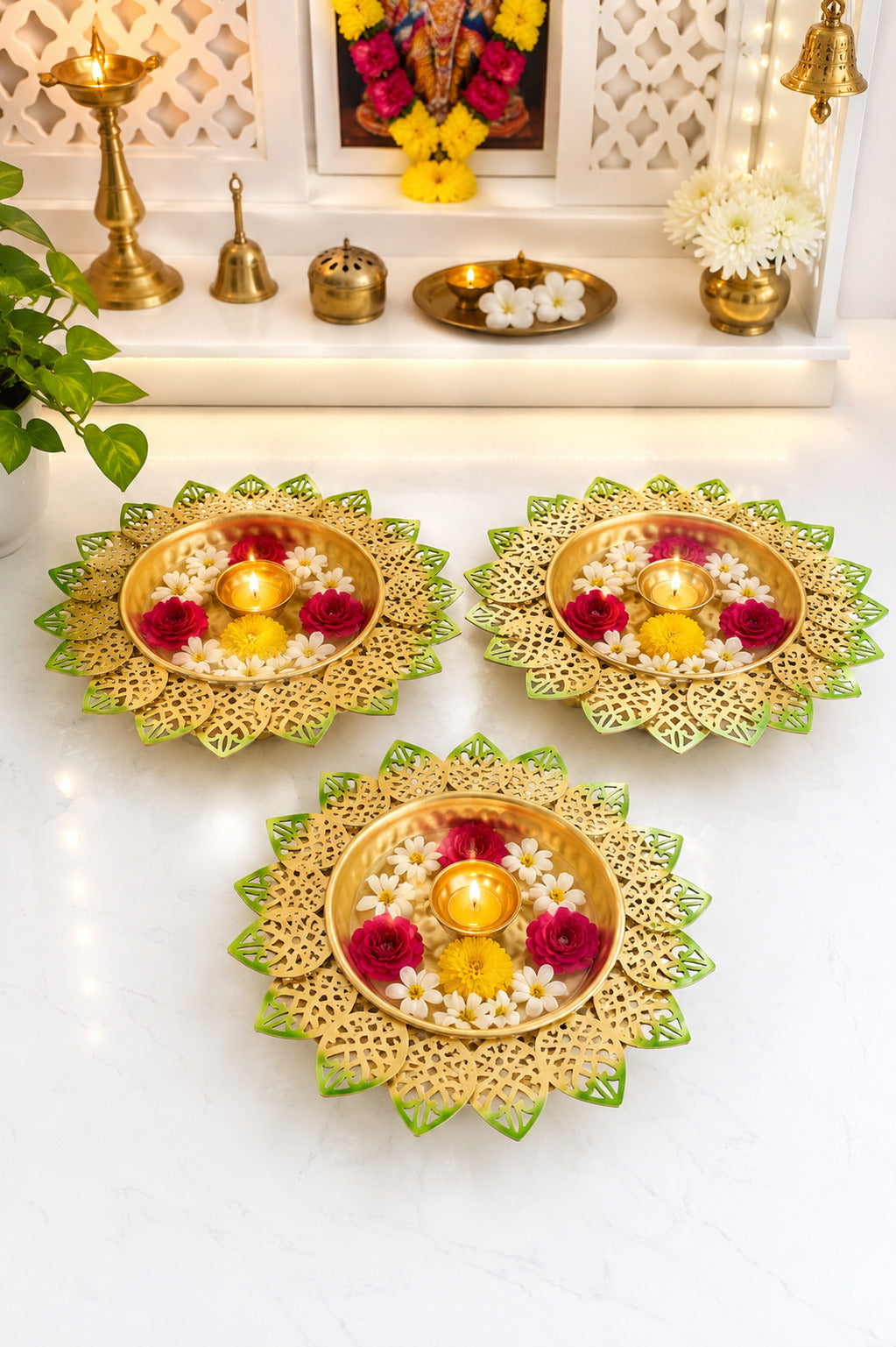 decorative lotus metal urli bowl set for floating flowers candles designer festival entrance decor set of 3 blue gold copy