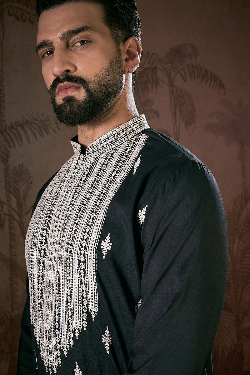 Black Silk Blend Solid Embroidered Straight Kurta MKU1883