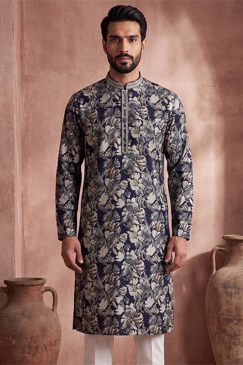 Mens Blue Viscose Rayon Floral Printed Kurta With Trousers MKSET1982