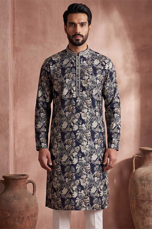 Mens Blue Viscose Rayon Floral Printed Kurta With Trousers MKSET1982