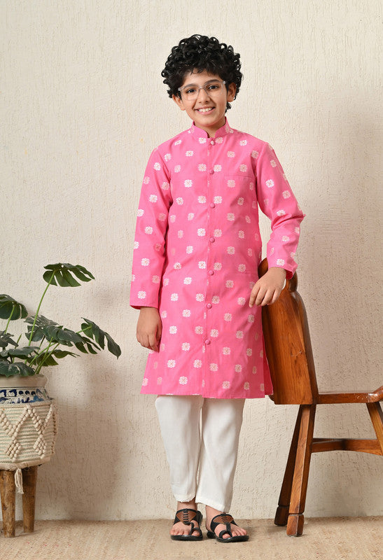 Indi Loom Couture Boys Pink Jacquard Royal  Kurta with White Pant Set ILBKS52