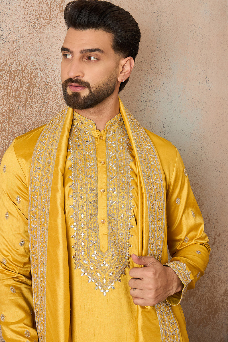 Mens Yellow Silk Blend Solid Embroidered Kurta With Dupatta MKUD1026