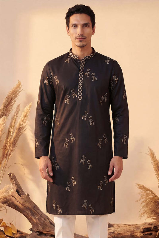Mens Black Silk Blend Solid Embroidered Kurta With Trousers MKSET1817