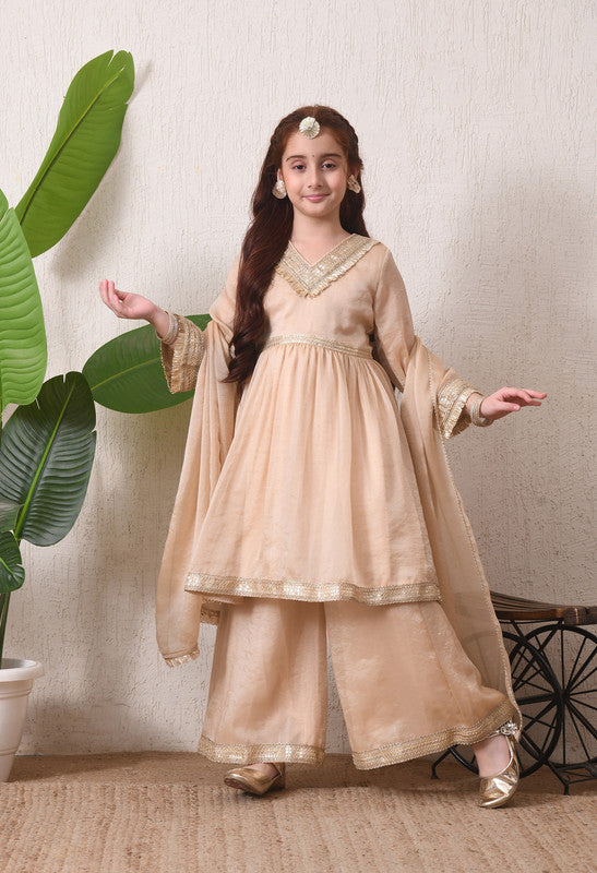 Indi Loom Couture Girls Beige Embellished Kurta with Sharara & Dupatta Set ILKSD71