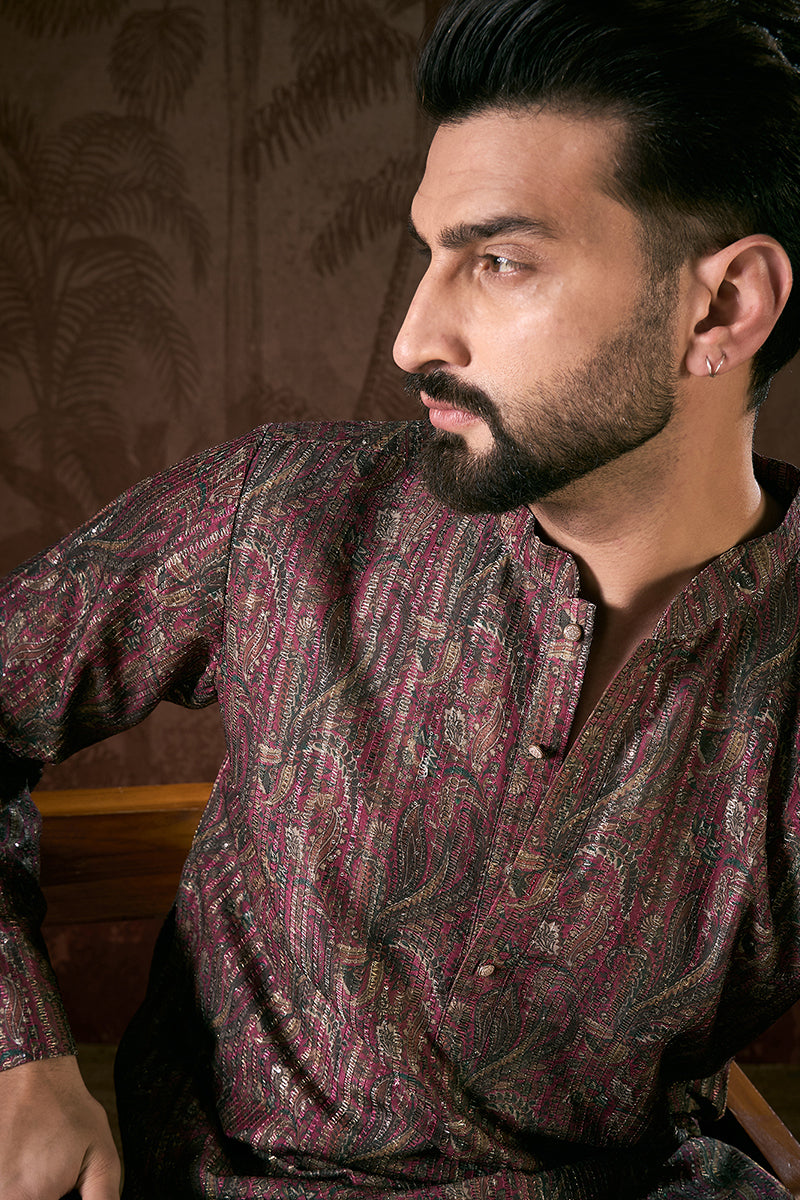 Purple Silk Blend Ethnic Motifs Printed Straight Kurta With Trouser MKSET1941