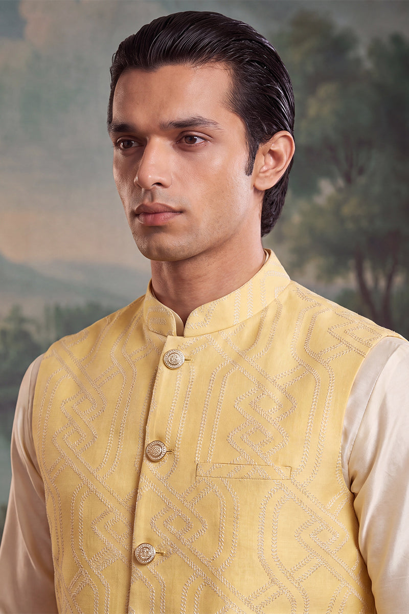 Mens Yellow Jacquard Woven Design Solid Koti MKOT1040