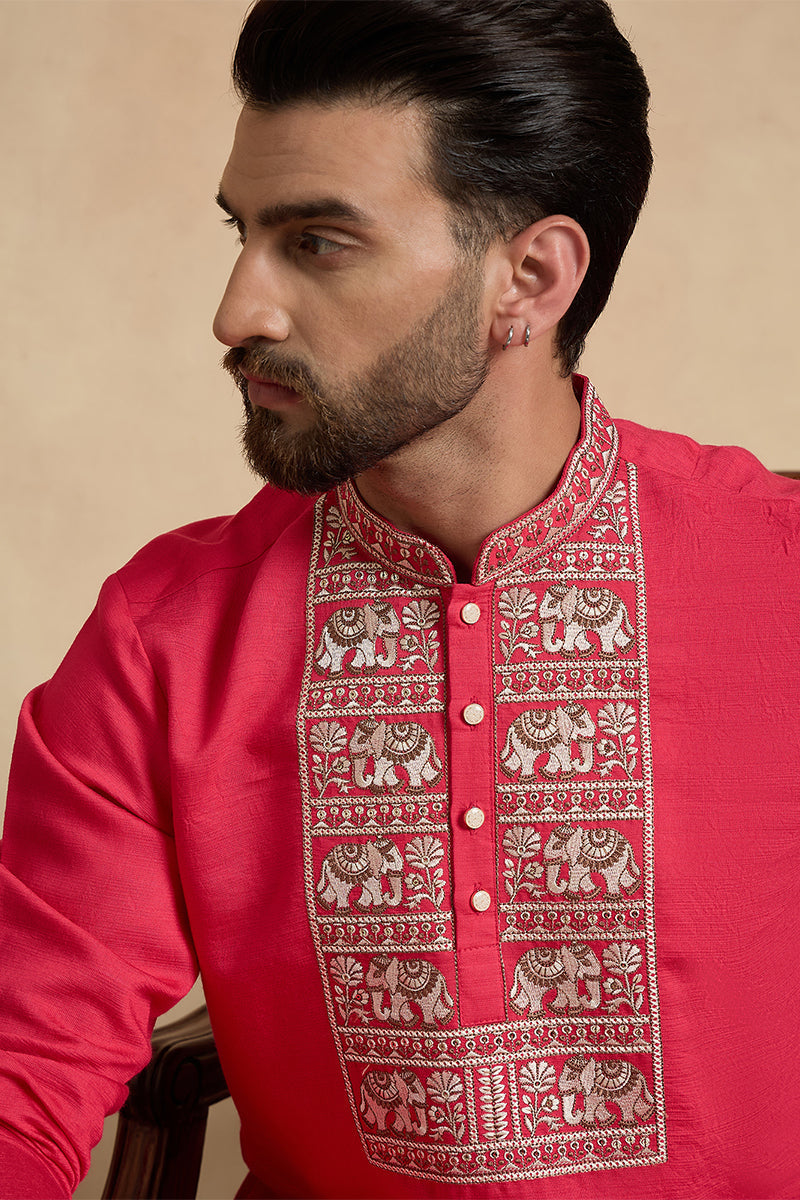 Mens Pink Viscose Rayon Solid Embroidered Thread Work Kurta With Trouser MKSET2459