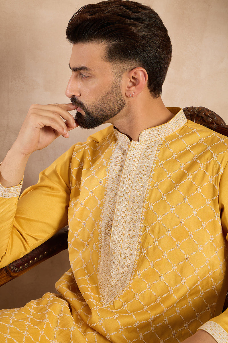 Yellow Silk Blend Solid Embroidered Straight Kurta With Trouser MKSET1691