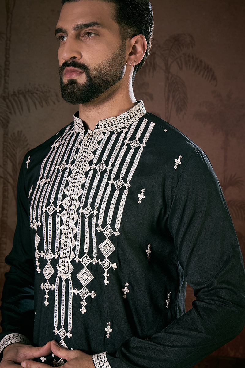 Black Silk Blend Solid Embroidered Straight Kurta With Trouser MKSET1885