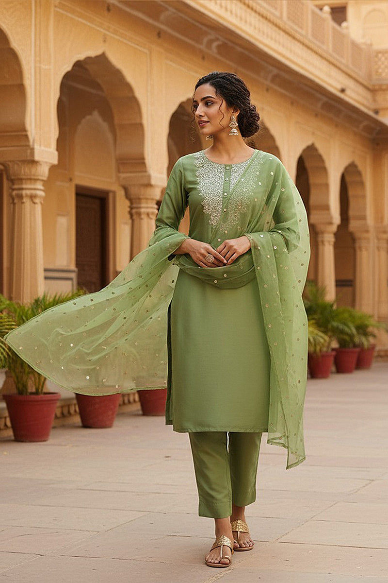 women green poly silk solid yoke design kurta trousers with dupatta pkskd1589