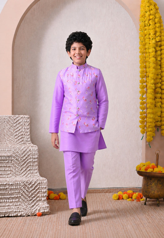 Indi Loom Couture Boys Lavender Plain  Kurta with Pyjama & Printed Nehru Jacket Set ILBKSJ19