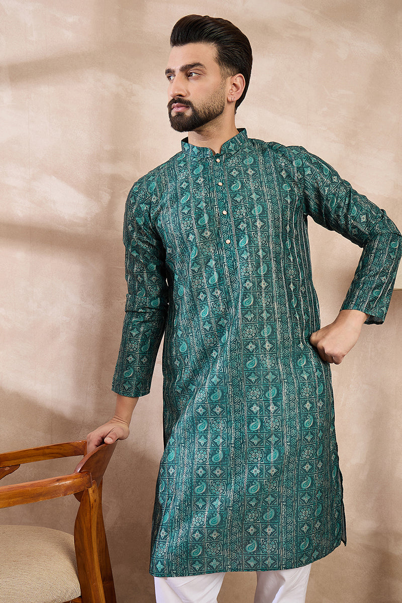 Green Silk Blend Ethnic Motifs Printed Straight Kurta MKU1996
