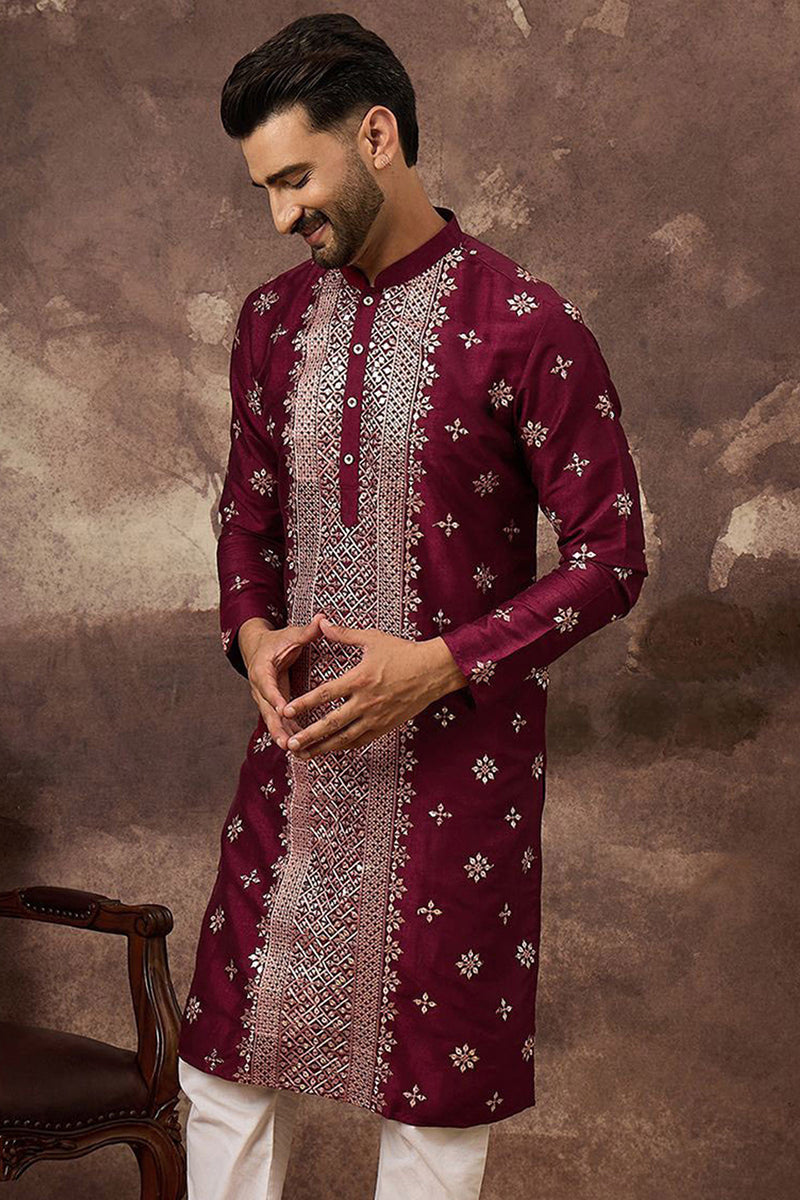 Maroon Silk Blend Solid Embroidered Straight Kurta With Pant Set MKSET1369