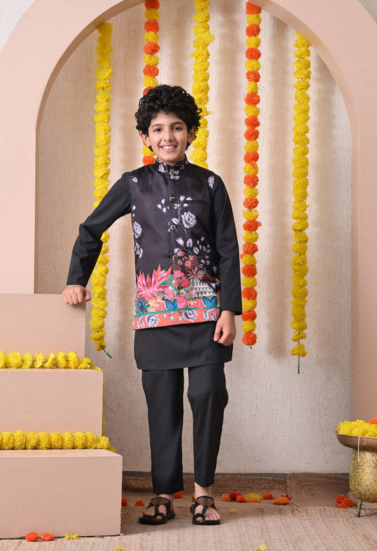 Indi Loom Couture Boys Black Kurta Pyjama with Printed Jacket Set ILBKSJ24