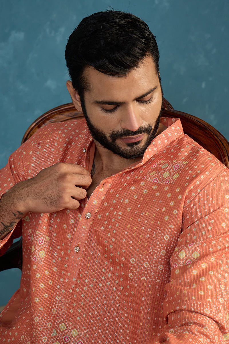 Mens Orange Linen Blend Bandhani Printed Kurta With Trouser MKSET2638