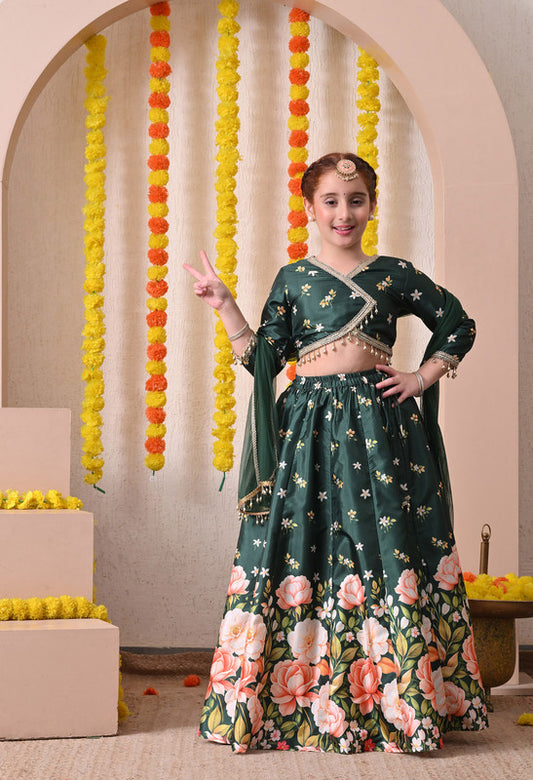 Indi Loom Couture Girls Dark Green Floral Printed Lehenga Choli with Net Dupatta ILLCD37