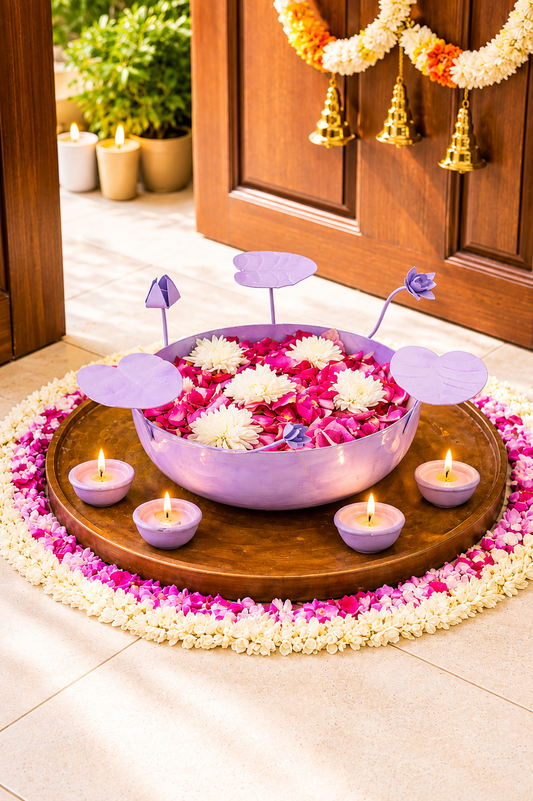 galvanized metal urli bowl for floating flowers candles decorative urli with lotus stems for home festival decor pink copy