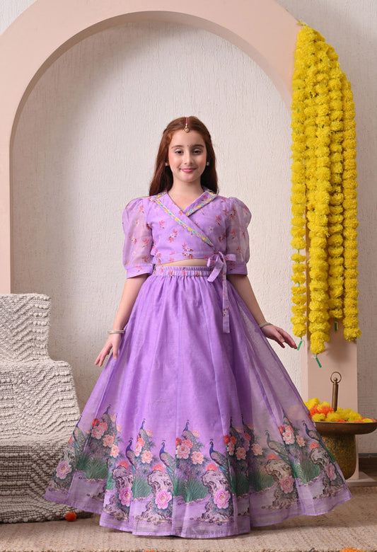 Indi Loom Couture Girls Lavender Printed Wrap Top with Flared Ethnic Skirt Co Ord Set ILLC49
