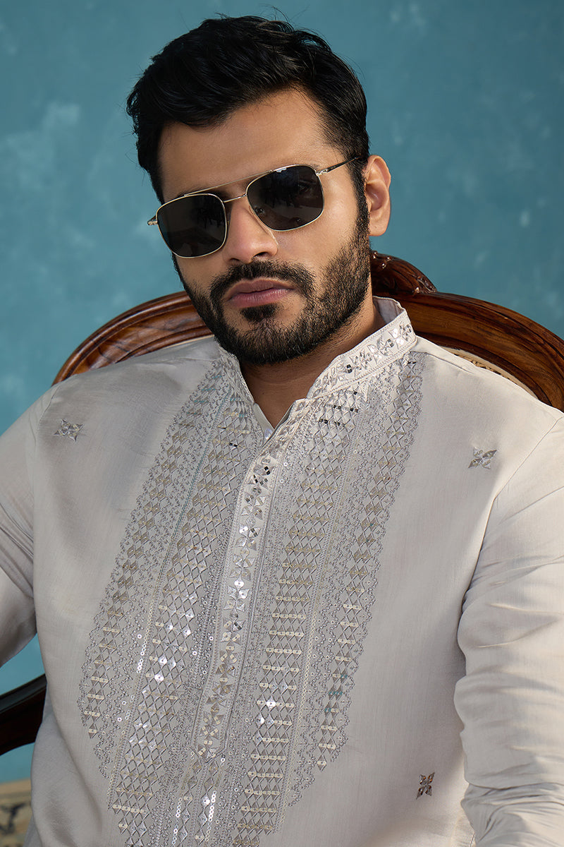 Mens Grey Silk Blend Solid Emboidered Sequins Kurta MKU2280