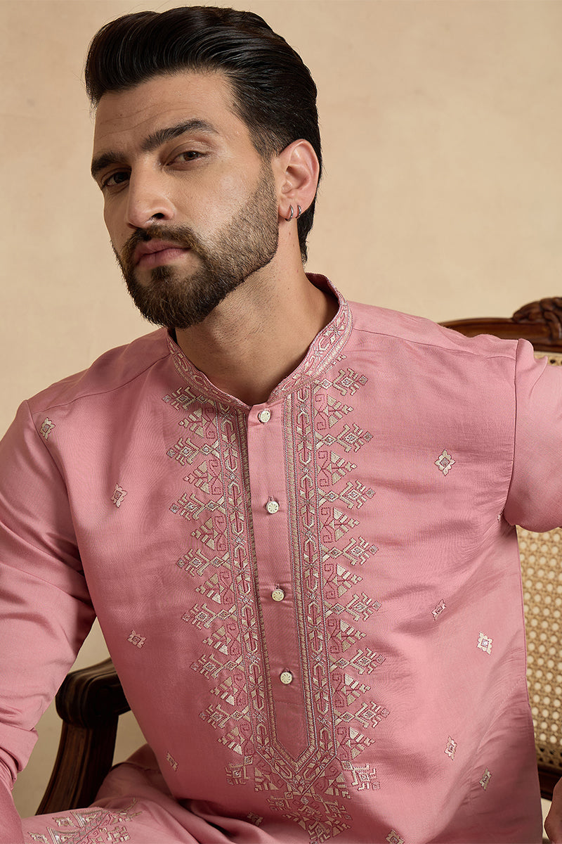 Mens Pink Silk Blend Solid Embroidered Straight Kurta MKU2526