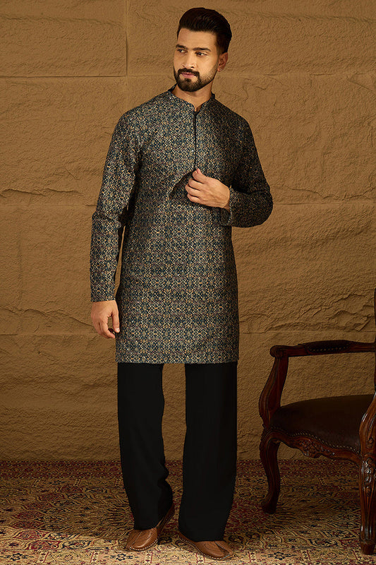 Navy Blue Viscose Rayon Geometric Printed Straight Kurta with Trouser MKSET1609