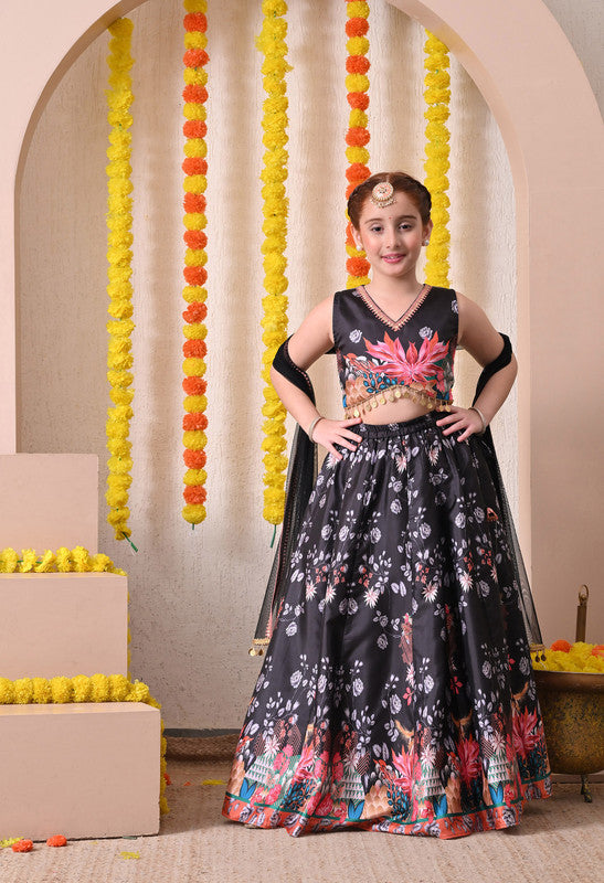 Girls Black Floral Printed Lehenga Choli with Dupatta Set ILLCD35