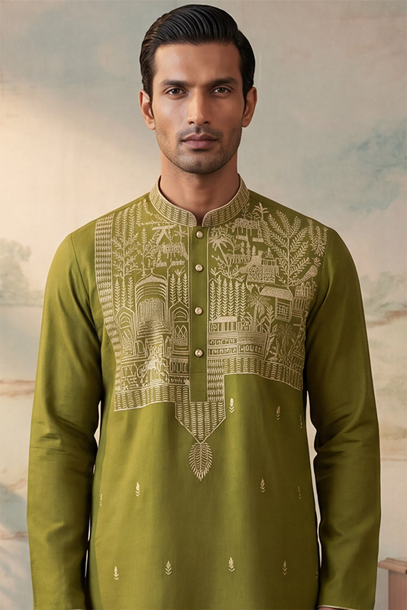 Mens Green Silk Blend Solid Emboidered Straight Kurta MKU2373