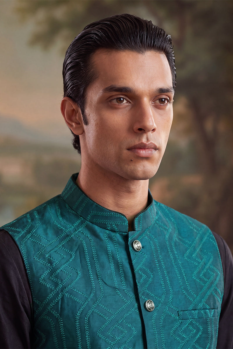 Mens Green Jacquard Woven Design Solid Koti MKOT1044