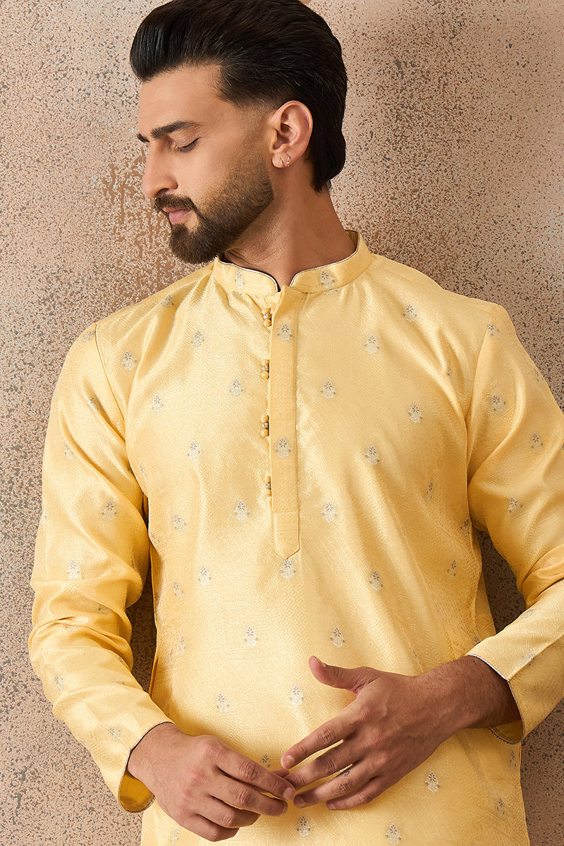 Mens Yellow Silk Blend Floral Straight Kurta MKU2216