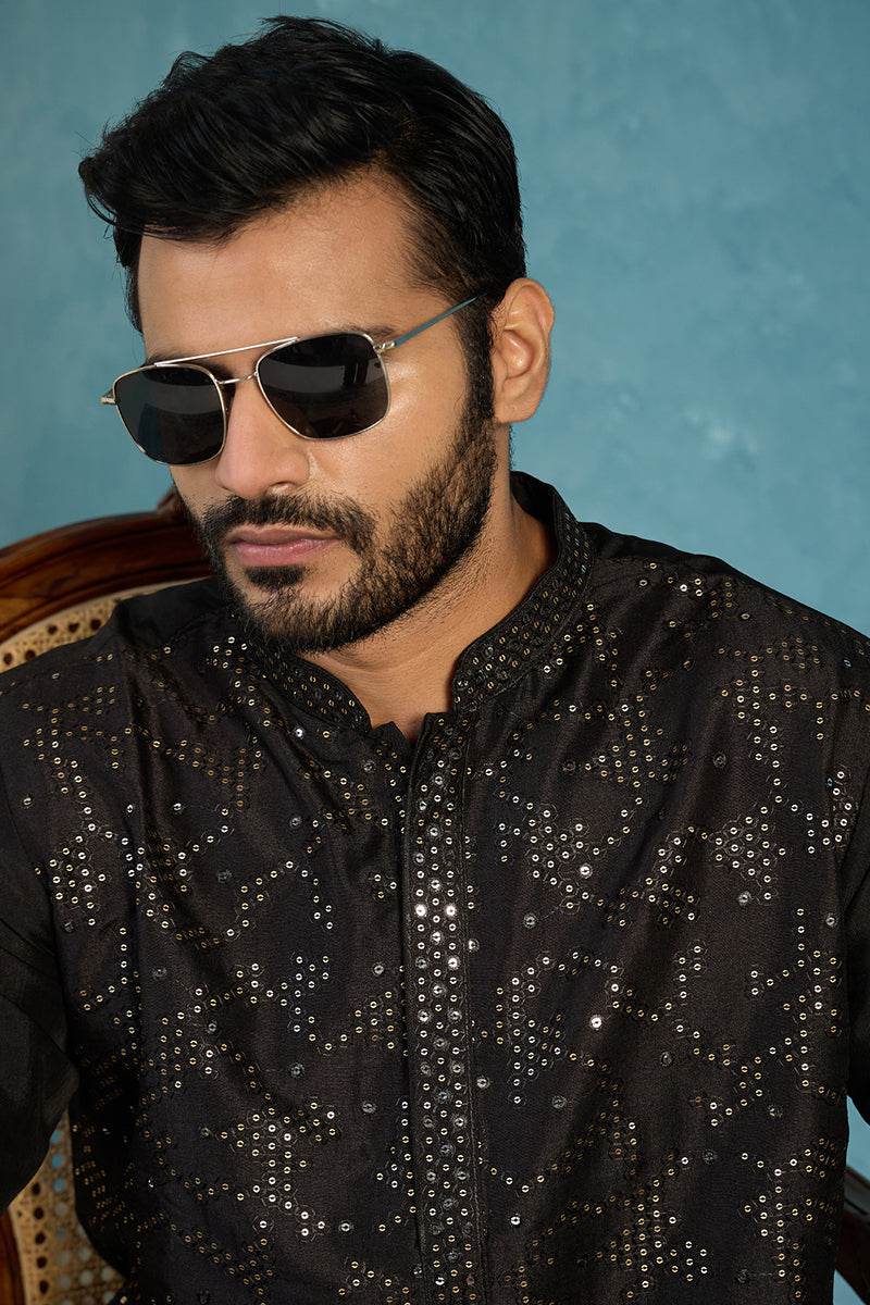 Silk Blend Black Solid Embroidered Calf Length Straight Kurta MKU2128
