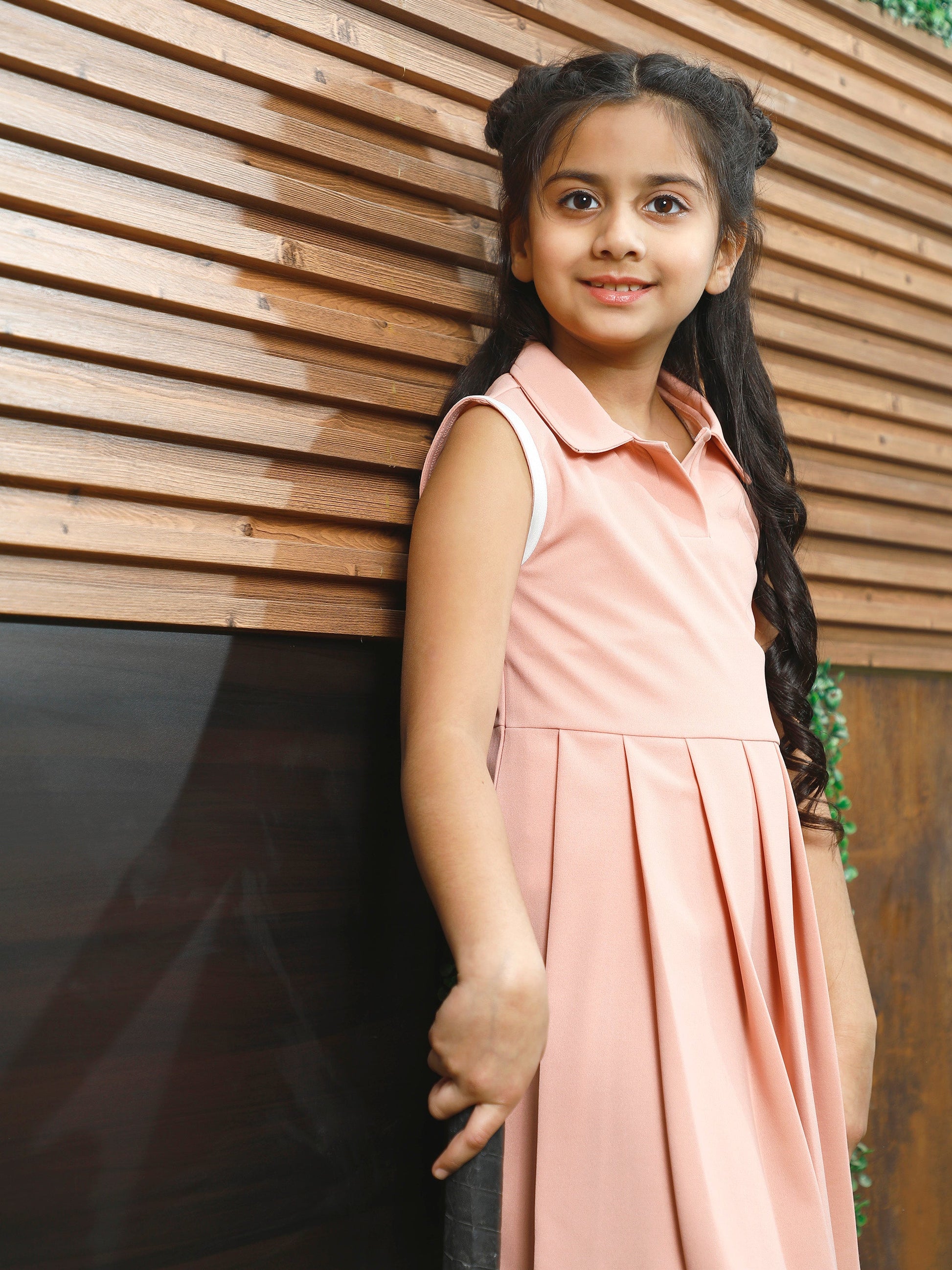 athena peach solid pleated dress