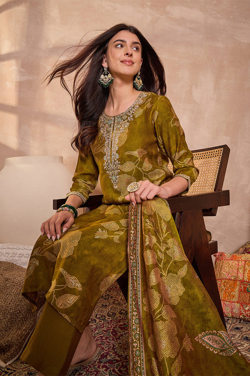 green silk blend floral printed straight kurta trouser with dupatta